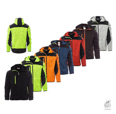Mehrere Strick-Softshell Jacken TRIP in Neongrn, Schwarz, Orange, Blau, Rot, Grau, mit schwarzen Softshell-Einstzen.