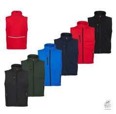 Mehrere Weste Creek PAD Softshellwesten in verschiedenen Farben, darunter Rot, Schwarz, Blau und Grn. Eine rote Weste zeigt den Reflexstreifen.