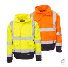 Zwei PADDOCK Warnschutzjacken aus Polyester in Neongelb und Orange, mit schwarzen Details und Reflexstreifen.