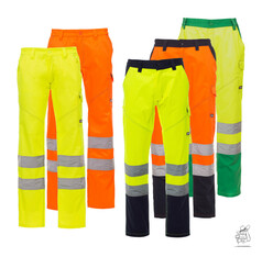 Mehrere zweifarbige, gut sichtbare CHARTER Winter-Arbeitshosen in Neon-Gelb und Orange mit Reflektorstreifen.