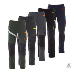 Mehrere Hose NEXT 4W Arbeitshosen in verschiedenen Farben, mit Kniepolstertaschen und farbigen Akzenten.