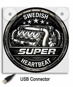 Leuchtkasten mit Motiv Motor und Schriftzug super Heartbeat in schwarz und wei�. USB-Anschluss abgebildet.