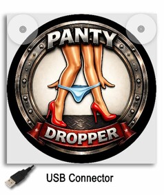 Leuchtkasten mit Motiv Panty Dropper in schwarz, wei�, rot und blau. USB-Anschluss abgebildet.