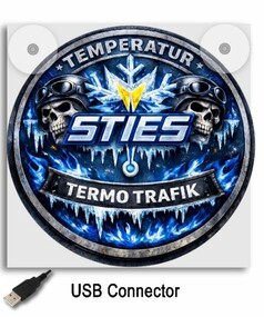 Leuchtkasten mit Motiv Termo Trafik in dunkelblau, wei�, gelb und blau. USB-Anschluss abgebildet.