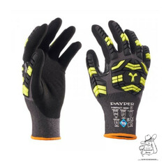 Schwarze und gelbe Arbeitshandschuhe mit sto�festen Elementen und Nitrilbeschichtung.