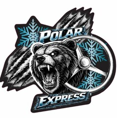 DTS Aufkleber Polar Express: B�renkopf mit Lenkrad, Schneeflocken und Kratzspuren.