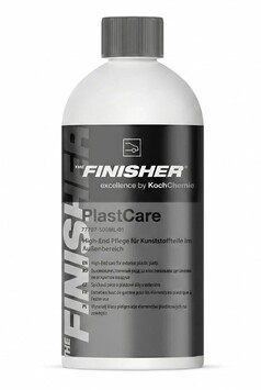 Wei�e Flasche mit grauer Kappe, beschriftet mit "The Finisher PlastCare".
