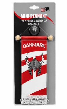 Mini Wimpel Danmark mit Vikingerhelm und Fransen, inklusive Saugnapf.