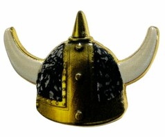 DTS PIN Vikingerhelm Pl�sch grau: goldener Helm mit H�rnern und schwarzem Pl�sch.