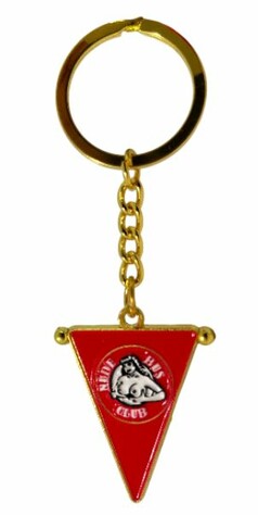 Schl�sselanh�nger mit rotem Wimpel und "Nude Bus Club" Logo. Goldfarbener Ring und Kette.