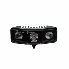 Schwarze Winkel-Arbeitsleuchte mit drei LED-Modulen und breitem Lichtkegel.