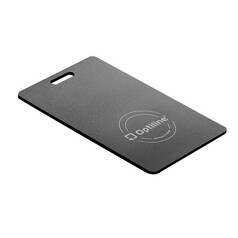 Graue OptiTag Slim Card mit integriertem Ortungsger�t und Lochung.