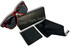 Sonnenbrille mit rot-orange gemustertem Rahmen, dunklen Glsern, schwarzem Brillenetui, Putztuch und Beutel.